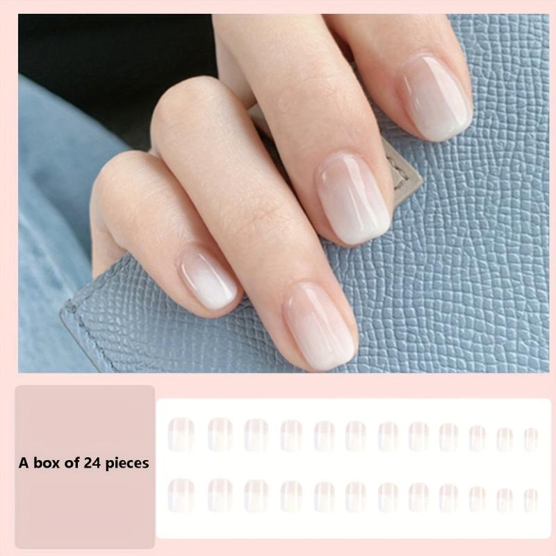 24Pcs Gradient False Nails Short Square French Tip Glossy Transparent