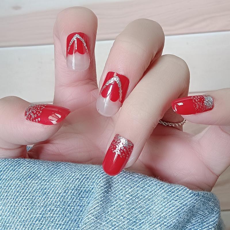 Wine Red Heart Press On Nails Glossy Square False Nails