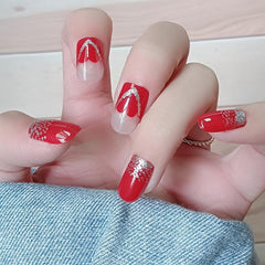 Wine Red Heart Press On Nails Glossy Square False Nails