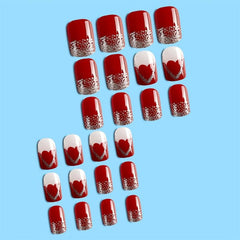 Wine Red Heart Press On Nails Glossy Square False Nails