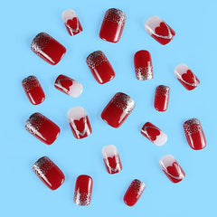 Wine Red Heart Press On Nails Glossy Square False Nails