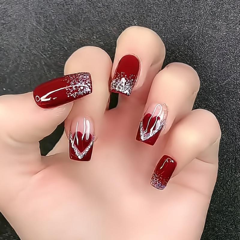 Wine Red Heart Press On Nails Glossy Square False Nails