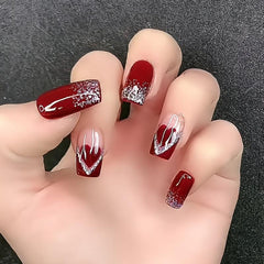 Wine Red Heart Press On Nails Glossy Square False Nails
