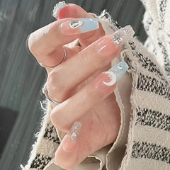 24pcs 3D Moon & Star Press On Nails w/ Glue for Women & Girls