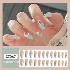 24pcs 3D Moon & Star Press On Nails w/ Glue for Women & Girls