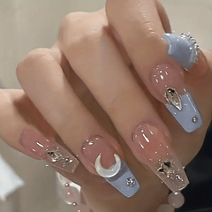 24pcs 3D Moon & Star Press On Nails w/ Glue for Women & Girls