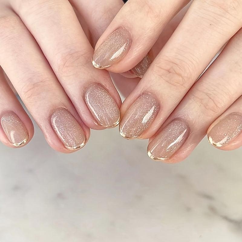 Golden Glitter French Tip Oval Press On Nails