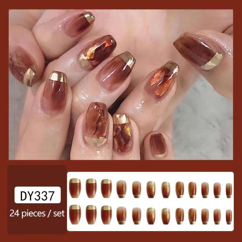 24 pcs Golden Tip Brown Square Press On Nails Full Cover Static Nails