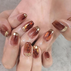 24 pcs Golden Tip Brown Square Press On Nails Full Cover Static Nails