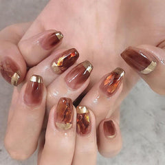 24 pcs Golden Tip Brown Square Press On Nails Full Cover Static Nails