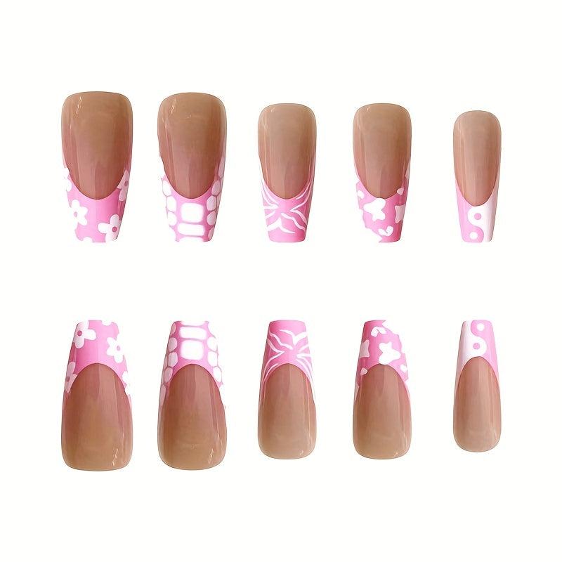 24pcs French Press On Nails Pink Edge Crocodile Cow Acrylic for Women