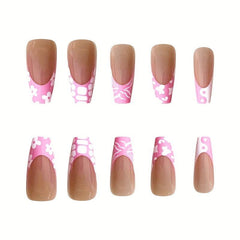 24pcs French Press On Nails Pink Edge Crocodile Cow Acrylic for Women