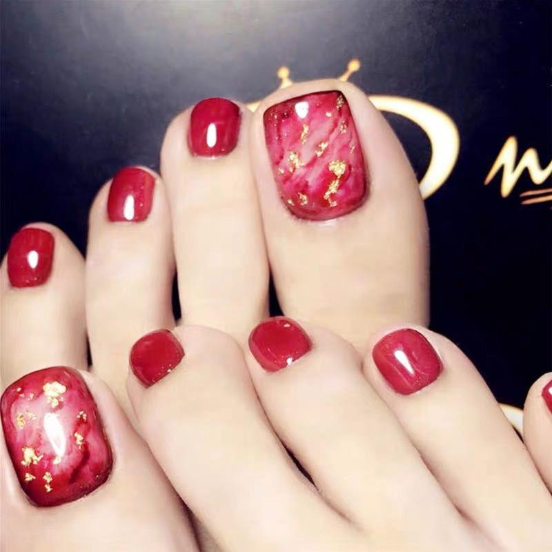 24pcs Red Glitter Press On Toenails Long Lasting Acrylic Clip False Toe Nails