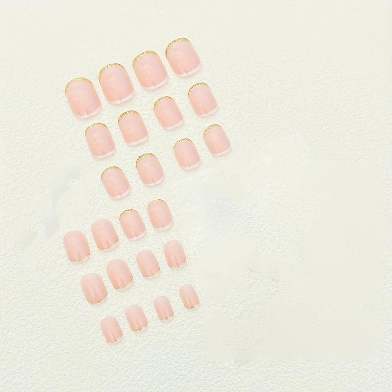 24pcs French Tip Press On Nails Golden Glitter Short Pink False Nails
