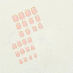 24pcs French Tip Press On Nails Golden Glitter Short Pink False Nails