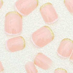 24pcs French Tip Press On Nails Golden Glitter Short Pink False Nails