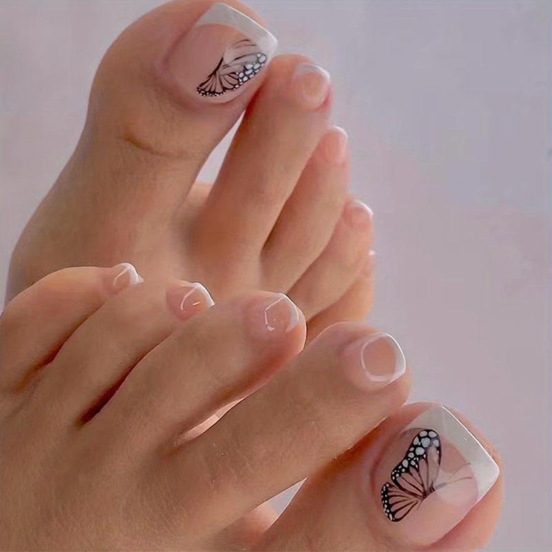24pcs Glossy Wine Red Press On Toe Nails with Golden Powder Edge