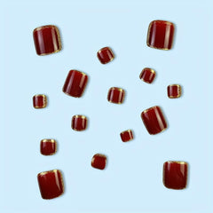 24pcs Glossy Wine Red Press On Toe Nails with Golden Powder Edge