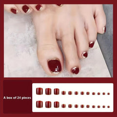 24pcs Glossy Wine Red Press On Toe Nails with Golden Powder Edge