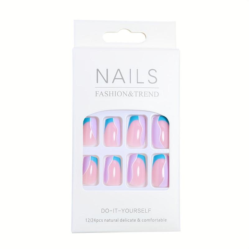 Purple Glossy Splicing Press On Nails Medium Length Square False Nails