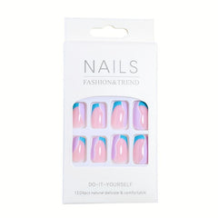 Purple Glossy Splicing Press On Nails Medium Length Square False Nails