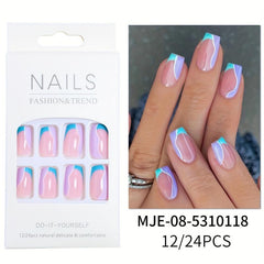 Purple Glossy Splicing Press On Nails Medium Length Square False Nails