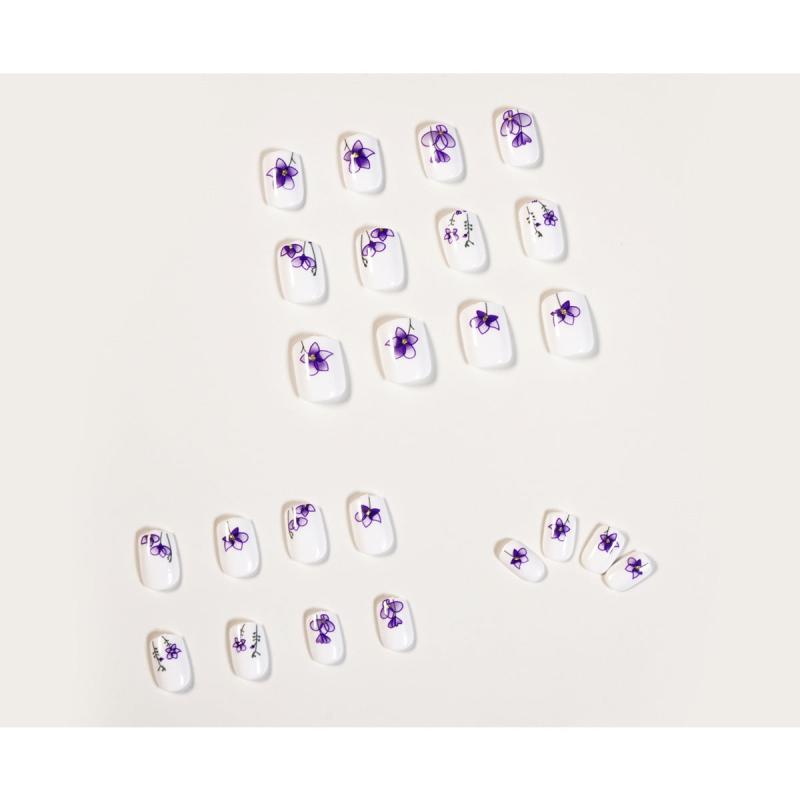 24 pcs Jiaruo Y2K Ink Purple Flower Mini Nails Press On Waterproof