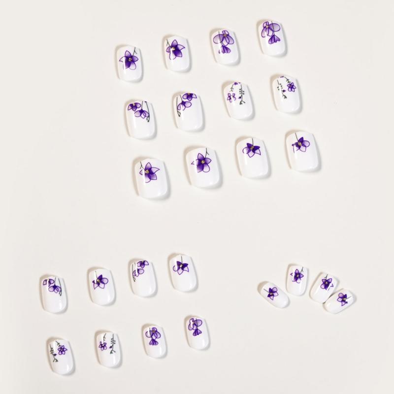 24 pcs Jiaruo Y2K Ink Purple Flower Mini Nails Press On Waterproof