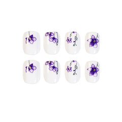 24 pcs Jiaruo Y2K Ink Purple Flower Mini Nails Press On Waterproof