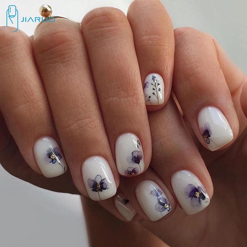 24 pcs Jiaruo Y2K Ink Purple Flower Mini Nails Press On Waterproof