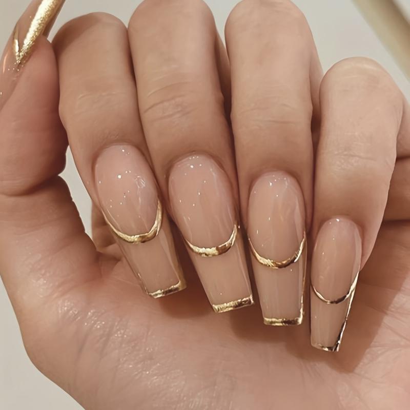 24pcs Golden French Nails Long Lasting Press On Artificial Nails