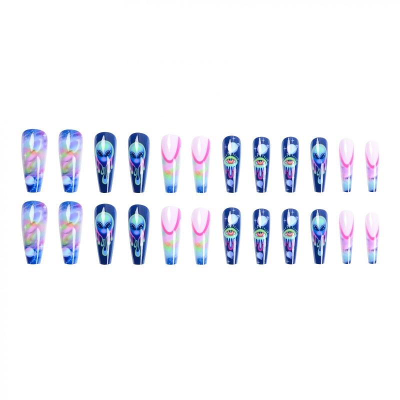 24pcs Starry Sky Press On Nails Long Glossy Full Cover Stick On Nails
