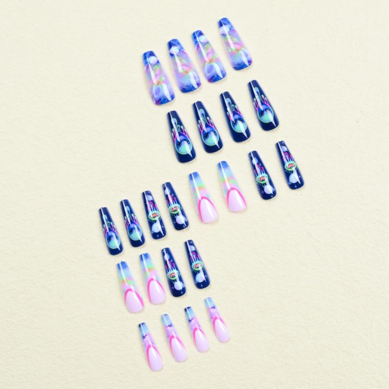 24pcs Starry Sky Press On Nails Long Glossy Full Cover Stick On Nails