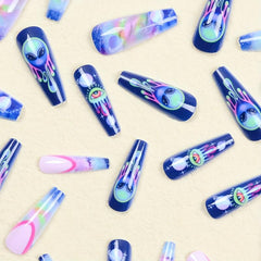 24pcs Starry Sky Press On Nails Long Glossy Full Cover Stick On Nails