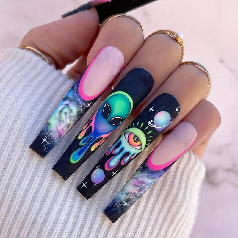 24pcs Starry Sky Press On Nails Long Glossy Full Cover Stick On Nails