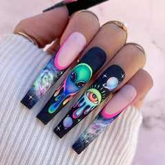 24pcs Starry Sky Press On Nails Long Glossy Full Cover Stick On Nails