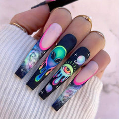 24pcs Starry Sky Press On Nails Long Glossy Full Cover Stick On Nails