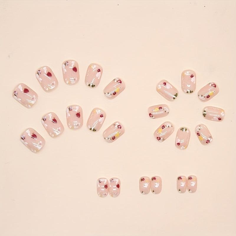24pcs Glossy Flower Press On Nails Short Oval Full Cover False Nails Women Girls