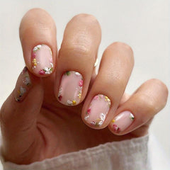 24pcs Glossy Flower Press On Nails Short Oval Full Cover False Nails Women Girls