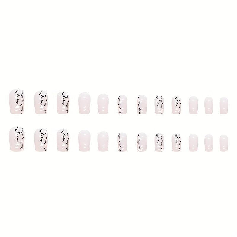 24pcs Nude Pink Press On Nails with Heart Branch Short Square False Nails