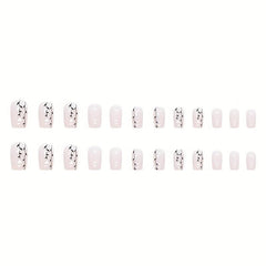 24pcs Nude Pink Press On Nails with Heart Branch Short Square False Nails