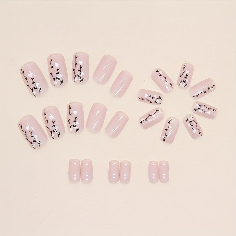 24pcs Nude Pink Press On Nails with Heart Branch Short Square False Nails