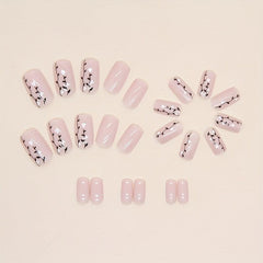 24pcs Nude Pink Press On Nails with Heart Branch Short Square False Nails