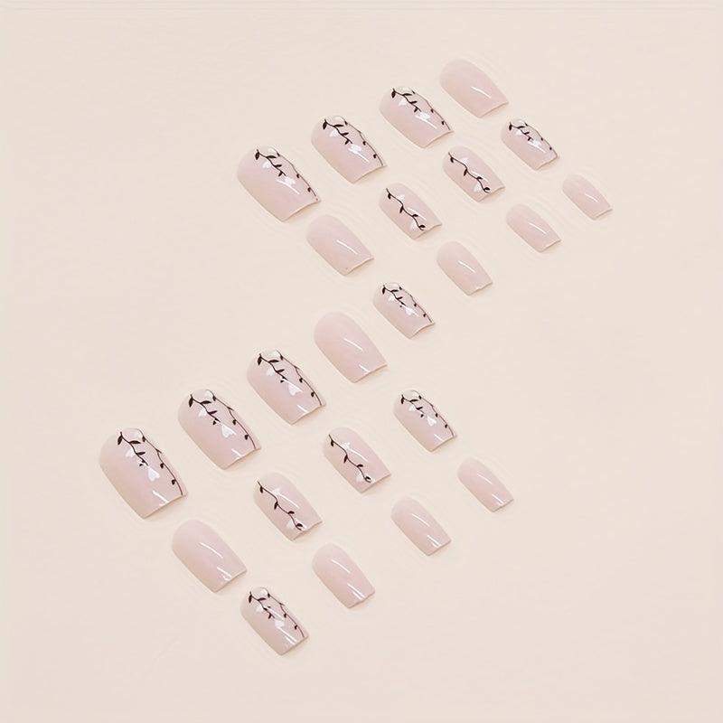 24pcs Nude Pink Press On Nails with Heart Branch Short Square False Nails