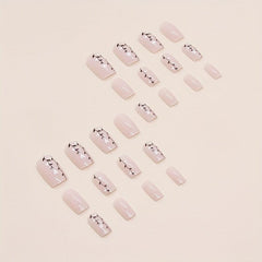 24pcs Nude Pink Press On Nails with Heart Branch Short Square False Nails