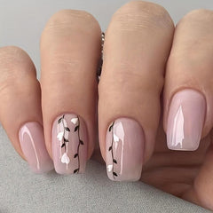 24pcs Nude Pink Press On Nails with Heart Branch Short Square False Nails