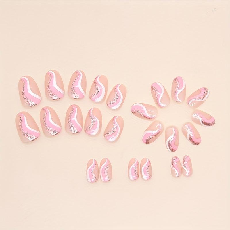 24pcs Nude Pink Glitter Swirl Line Press On Nails for Women and Girls