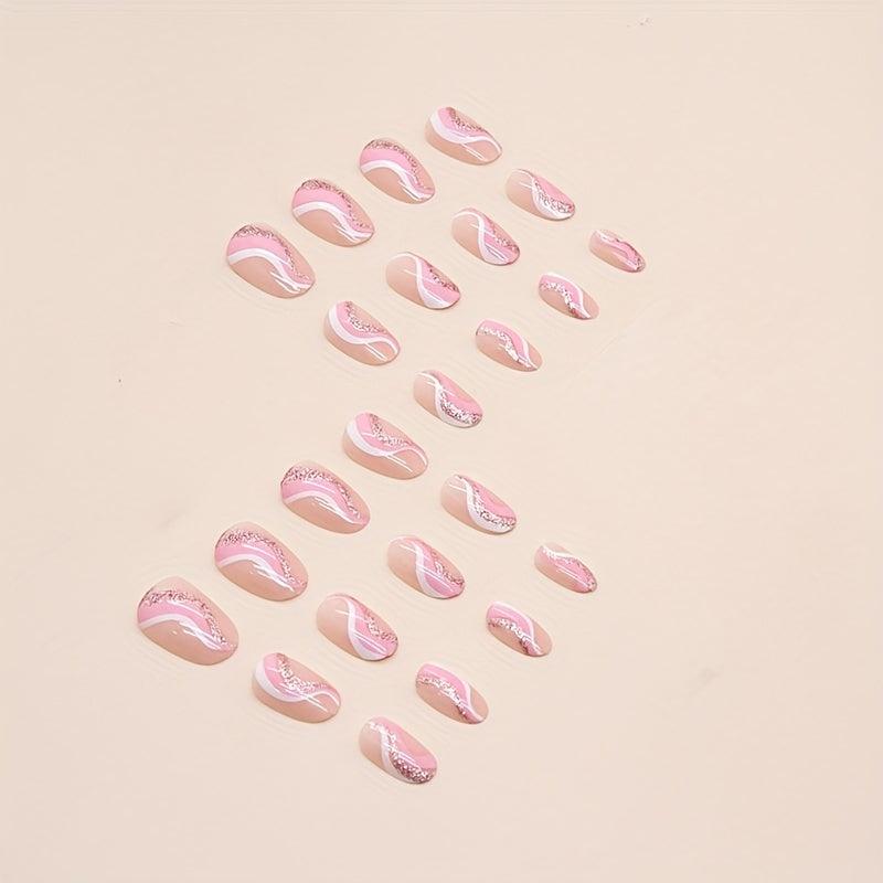 24pcs Nude Pink Glitter Swirl Line Press On Nails for Women and Girls