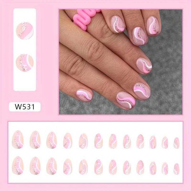 24pcs Nude Pink Glitter Swirl Line Press On Nails for Women and Girls