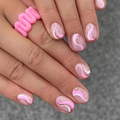24pcs Nude Pink Glitter Swirl Line Press On Nails for Women and Girls